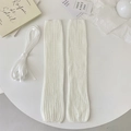 White ballet-style knitted leg warmers with matching ribbons and ribbed texture - One Size / White with White Ribbon