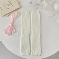 White ribbed knit leg warmers with pink satin ribbons in sweet balletcore style - One Size / White with Pink Ribbon