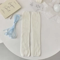White ribbed knit leg warmers with ballet-style light blue ribbons for a sweet JK look - One Size / White with Blue Ribbon