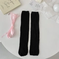 Black ballet-style ribbed knit leg warmers with ribbons for a sweet JK style look - One Size / Black with Pink Ribbon