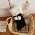 Cute Lolita style black calf socks with white plush pom-poms and warm faux fur trim - One Size / Black