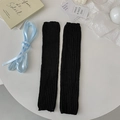 Black ribbed knit ballet-style leg warmers featuring soft vertical stripe texture - One Size / Black with Blue Ribbon