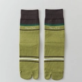 Olive green two-toe tabi socks with brown stripes and More Fun text embroidery - One Size / Grass Green (Grass Green Toe)