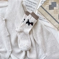 Beige dotted wool crew socks with black dog pattern and soft brown ribbed cuffs - One Size / White Single Dog