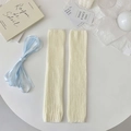 Beige knit leg warmers with light blue ribbons in balletcore style flat lay view - One Size / Beige with Blue Ribbon