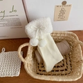 White knit Lolita socks with fuzzy pom-poms and warm faux shearling cuffs for women - One Size / Beige