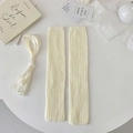 Creamy white ribbed knit leg warmers with delicate white ribbon tie accents - One Size / Beige with Beige Ribbon