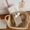 Beige warm Lolita style knit socks with white faux fur pom-poms and drawstring trim - One Size / Khaki