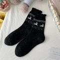 Calze spesse in lana nera con puntini colorati e motivo jacquard di renna bianca - Taglia unica / Nero