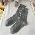 Calze di lana grigio scuro con cuori rosa, fiocchi blu e polsini con volant - Taglia unica / Grigio chiaro con fiocco