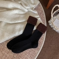 Thick wool socks in black with dark brown fleece cuff for winter warmth and style - One Size / Black