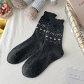 Calze spesse in lana grigio scuro con jacquard a cuore rosa e polsini a volant maglia - Taglia unica / grigio scuro