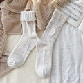 Cream knit crew socks with colorful confetti and pink bow embroidery for women - White