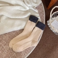 Thick knit beige crew socks with contrast dark grey fleece cuffs for winter warmth - One Size / Off-white