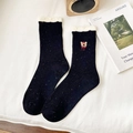 Süße schwarze Noppengarn-Socken mit beigem Rüschenrand und Bär-Stickerei für Damen - Einheitsgröße / Bären-Stickerei / Schwarz