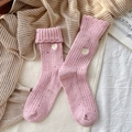 Pink wool-blend crew socks with colorful flecks and heart bow embroidery detail - Pink