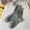 Grey wool socks with black reindeer jacquard and colorful specks for winter warmth - Deer Jacquard / Light Gray
