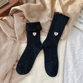 Black wool blend socks with colorful speckles and white heart bow embroidery detail - Black