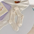 Creamy white knitted mid-calf socks with cherry button fold-over cuffs for women - One Size / Milk White