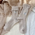 Oatmeal grey wool crew socks with heart embroidery and blue bow detail in cozy knit - Khaki