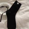 Stylish black mid-calf cotton socks featuring a soft white plush heart patch detail - Black with White Heart