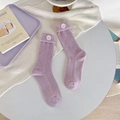 Light purple rib-knit crew socks with cute floral patch and turn-over cuffs - One Size / Purple