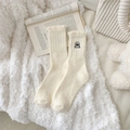 Calze termiche beige con ricamo cane, spessa maglia foderata in pile per il comfort invernale - Taglia unica / Bianco Crema
