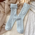 Light blue speckled wool socks with bow embroidery and vertical ribbed texture - One Size / Blue