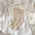 Calze beige lavorate a maglia con ricamo a cucciolo in caldo pile per la casa - Taglia unica / Cachi