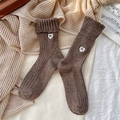 Dark brown wool knit crew socks with embroidered heart bow and colorful flecked yarn - One Size / Light Coffee