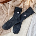 Dark gray wool knit crew socks with white heart embroidery and pink bow detail - One Size / Dark Gray