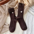 Dark brown wool crew socks with colorful nep yarn and a heart-shaped bow detail - One Size / Dark Coffee