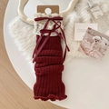 Jambières tricotées bordeaux avec dentelle blanche et nœuds en satin sur fourrure - Taille unique / Bordeaux