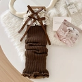 Jambières en tricot marron foncé avec dentelle blanche et nœuds décoratifs - Taille unique / café