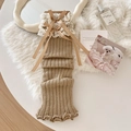 Khaki knitted leg warmers featuring white lace trim and silk bow on faux fur - One Size / Khaki