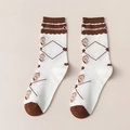 Calze vintage in cotone kaki con bordo marrone a balze e motivi di orsetto - Taglia unica / Fiocco
