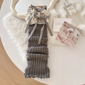 Grey knitted leg warmers featuring elegant lace trim and ribbon bows for winter wear - One Size / Light Gray