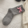 Grey mid-calf cotton socks with pink bow detail and rolled cuffs in sweet Japanese style - One Size / Light Gray