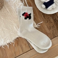 Cream knit wool socks with black Scottish Terrier embroidery and red velvet bow detail - White