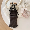 Dark grey knitted leg warmers with cream lace trim and black satin bows decoration - One Size / Dark Gray