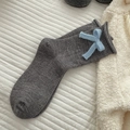 Dark grey knitted mid-calf socks with light blue bow accents in sweet Japanese style - One Size / Dark Gray