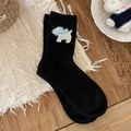 Thick wool socks in black with a cute white puppy pattern and a blue ribbon bow - Black