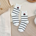 Thick white crew socks with black stripes and cute bear embroidery for women - One Size / Striped