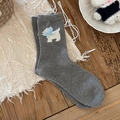 Grey knitted wool socks featuring a cute puppy patch and a blue bow accent - Light Gray