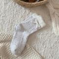 Oatmeal speckled mink fleece knit socks with white faux fur trim and bow detail - One Size / White