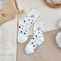 Polka dot plush crew socks with cute dog embroidery in warm white and black - One Size / Polka Dot
