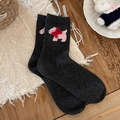 Dark grey wool socks with pink puppy pattern and red bow decoration on beige fabric - Dark Gray