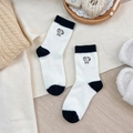 Thick thermal winter socks with cute puppy embroidery and black stripes in white color - One Size / Cute