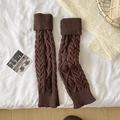Dark coffee cable knit leg warmers with thick ribbed cuffs for winter warmth - One Size / Coffee