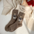 Brown wool socks with cute cartoon bear embroidery and cozy vintage knitted texture - One Size / Brown